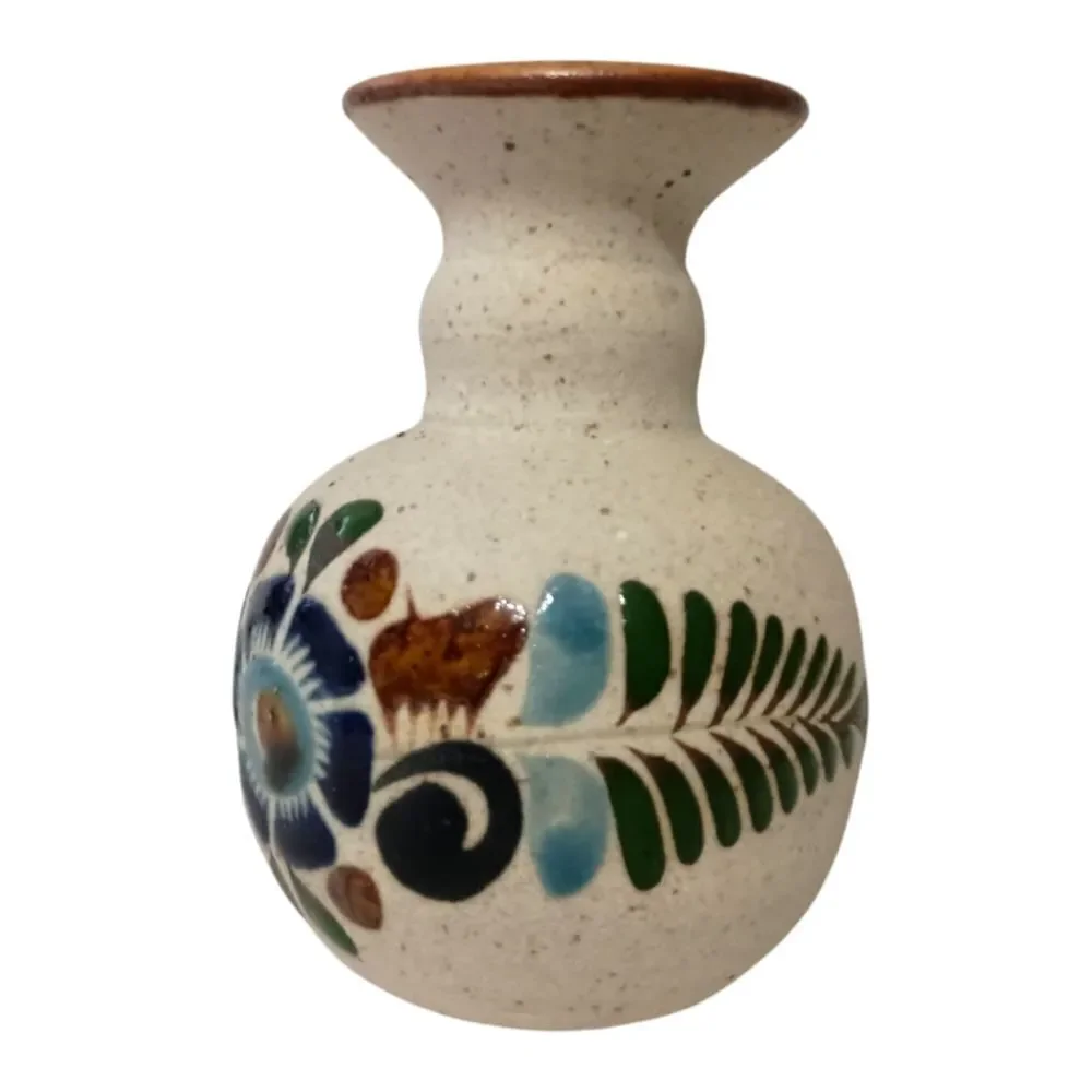 Tonala Pottery Bud Vase MINI Mexico Floral Sandstone Handpainted Signed Western.
